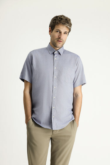 Orta Gri Kısa Kol Regular Fit Desenli Pamuk Gömlek
