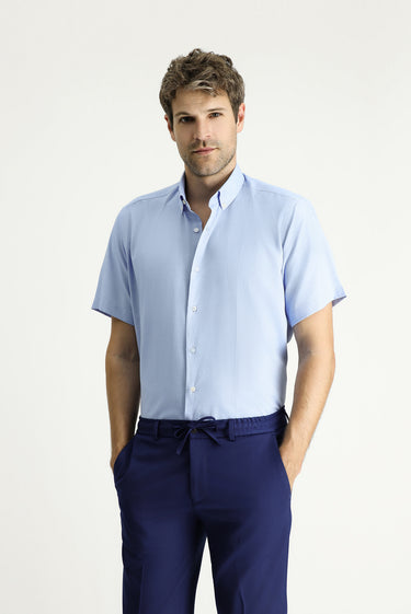 Açık Mavi Kısa Kol Regular Fit Desenli Pamuklu Kolay Ütülenebilir Düğmeli Yaka Gömlek