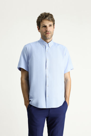 Açık Mavi Kısa Kol Regular Fit Desenli Pamuklu Kolay Ütülenebilir Düğmeli Yaka Gömlek