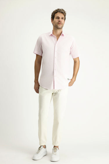 Toz Pembe Kısa Kol Regular Fit Desenli Gofre Pamuk Gömlek