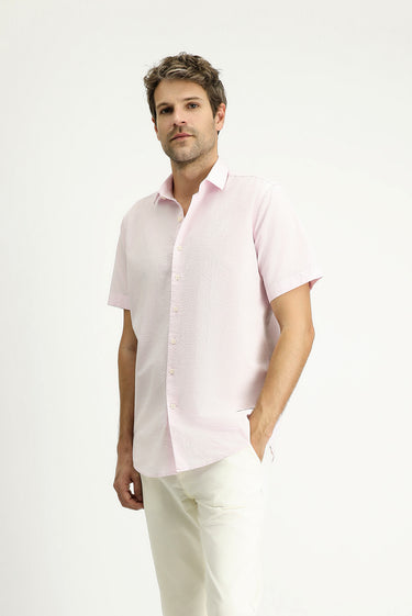 Toz Pembe Kısa Kol Regular Fit Desenli Gofre Pamuk Gömlek