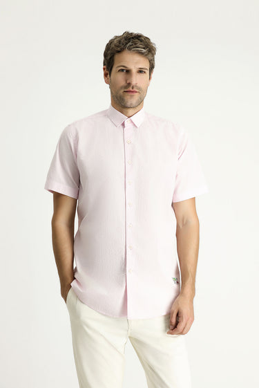 Toz Pembe Kısa Kol Regular Fit Desenli Gofre Pamuk Gömlek
