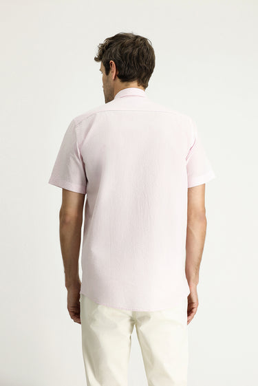 Toz Pembe Kısa Kol Regular Fit Desenli Gofre Pamuk Gömlek