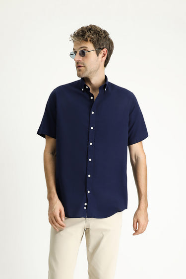 Koyu Lacivert Kısa Kol Regular Fit Spor Pamuk Düğmeli Yaka Gömlek