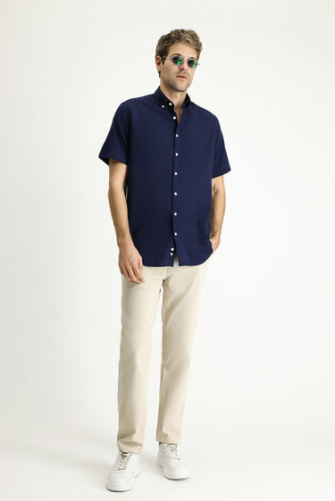 Koyu Lacivert Kısa Kol Regular Fit Spor Pamuk Düğmeli Yaka Gömlek