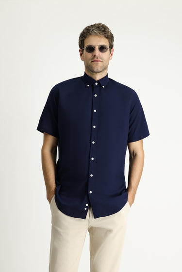 Koyu Lacivert Kısa Kol Regular Fit Spor Pamuk Düğmeli Yaka Gömlek