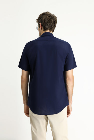 Koyu Lacivert Kısa Kol Regular Fit Spor Pamuk Düğmeli Yaka Gömlek