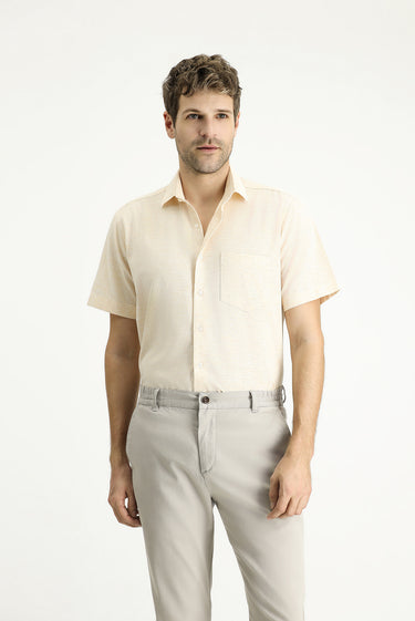 Sarı Kısa Kol Regular Fit Desenli Spor Pamuklu Gömlek