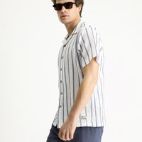 Beyaz-Lacivert Kısa Kol Çizgili Klasik Gömlek