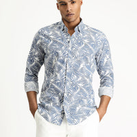 Indigo Long Sleeve Slim Fit Printed Cotton Shirt