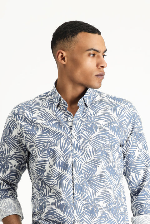 Indigo Long Sleeve Slim Fit Printed Cotton Shirt