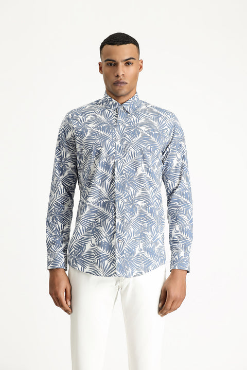 Indigo Long Sleeve Slim Fit Printed Cotton Shirt