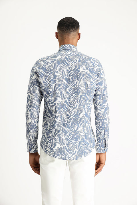 Indigo Long Sleeve Slim Fit Printed Cotton Shirt