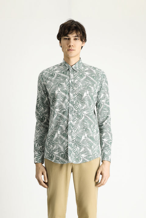 Mint Yeşili Uzun Kol Slim Fit Dar Kesim Baskılı Pamuk Gömlek