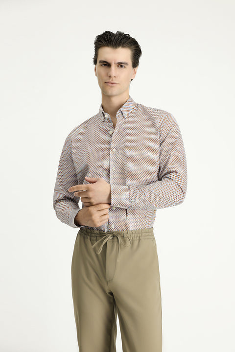 Açık Kahve Uzun Kol Slim Fit Dar Kesim Baskılı Pamuk Düğmeli Yaka Gömlek
