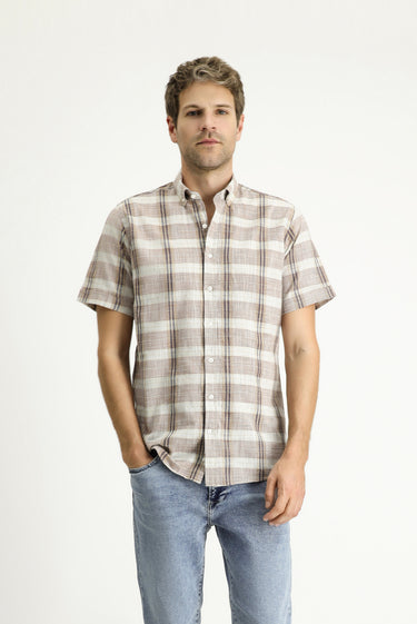 Açık Kahve  Kısa Kol Regular Fit Ekose Spor Pamuk Düğmeli Yaka Gömlek