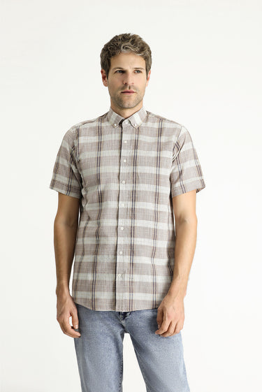 Açık Kahve  Kısa Kol Regular Fit Ekose Spor Pamuk Düğmeli Yaka Gömlek