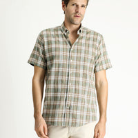 Light Khaki Short Sleeve Regular Fit Plaid Sport Cotton Button-Down Shirt