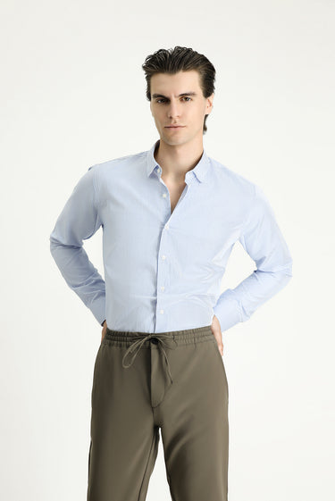 Açık Mavi Uzun Kol Slim Fit Dar Kesim Çizgili Pamuklu Kolay Ütülenebilir Gömlek