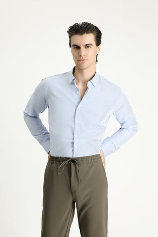 Açık Mavi Uzun Kol Slim Fit Dar Kesim Çizgili Pamuklu Kolay Ütülenebilir Gömlek