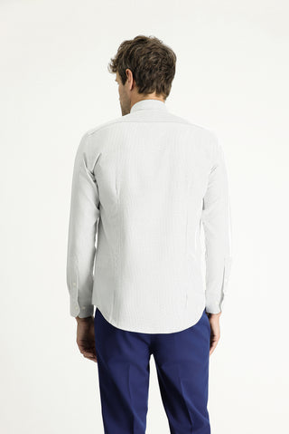 Açık Gri Uzun Kol Slim Fit Dar Kesim Çizgili Pamuklu Kolay Ütülenebilir Düğmeli Yaka Gömlek