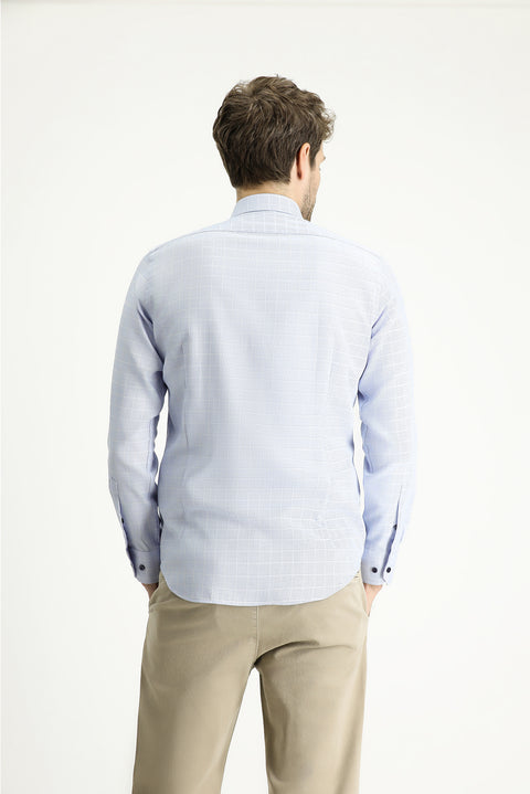 Mavi Uzun Kol Slim Fit Dar Kesim Non Iron Ekose Pamuklu Gömlek