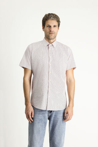 Mercan Kırmızı Kısa Kol Slim Fit Dar Kesim Baskılı Pamuk Gömlek