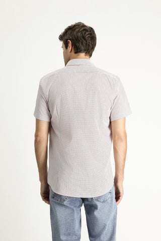 Mercan Kırmızı Kısa Kol Slim Fit Dar Kesim Baskılı Pamuk Gömlek