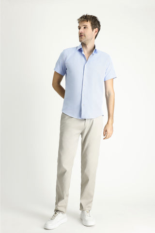 Açık Mavi Kısa Kol Slim Fit Dar Kesim Desenli Pamuklu Kolay Ütülenebilir Gömlek