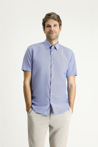 Koyu Mavi Kısa Kol Slim Fit Dar Kesim Desenli Pamuklu Kolay Ütülenebilir Gömlek