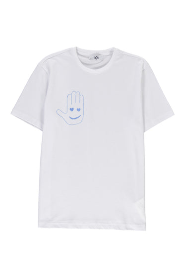 Beyaz SOBE Vakfı Bisiklet Yaka Regular Fit SOBE Logolu Pamuk Tişört