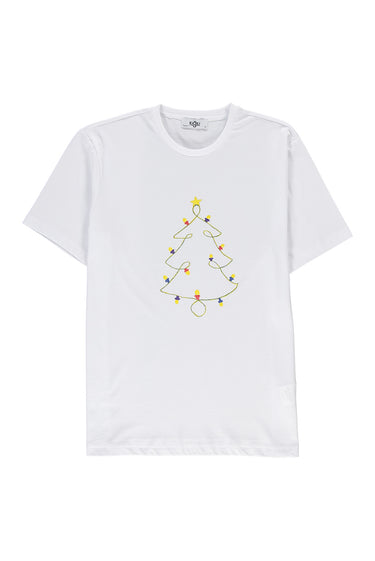 Beyaz SOBE Vakfı Bisiklet Yaka Regular Fit Yeşil Çizgili Yılbaşı Işığı Motifli Pamuk Tişört