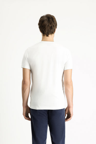 Beyaz Bisiklet Yaka Regular Fit Baskılı Pamuk Tişört