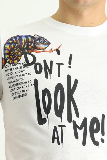 Beyaz Bisiklet Yaka Regular Fit Baskılı Pamuk Tişört