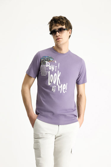 Açık Mor Bisiklet Yaka Regular Fit Baskılı Pamuk Tişört