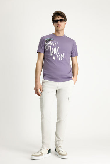 Açık Mor Bisiklet Yaka Regular Fit Baskılı Pamuk Tişört
