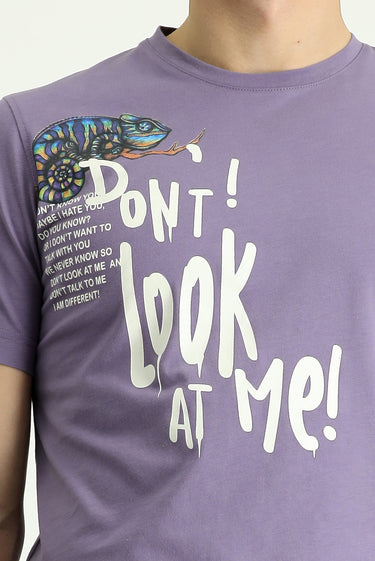 Açık Mor Bisiklet Yaka Regular Fit Baskılı Pamuk Tişört