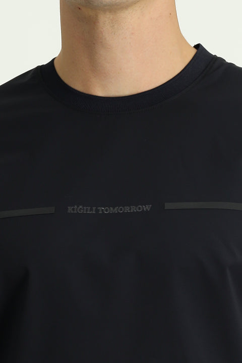 Koyu Lacivert Techno-Line Bisiklet Yaka Regular Fit Baskılı Likralı Tişört