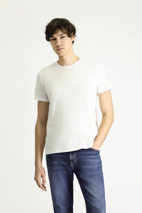 Beyaz Bisiklet Yaka Slim Fit Dar Kesim Keten Karışımlı Tişört
