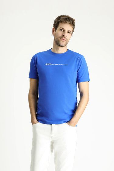 İndigo Bisiklet Yaka Slim Fit Dar Kesim Baskılı Pamuk Tişört