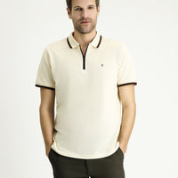 Krem Polo Yaka Regular Fit Fermuarlı Desenli Pamuk Tişört