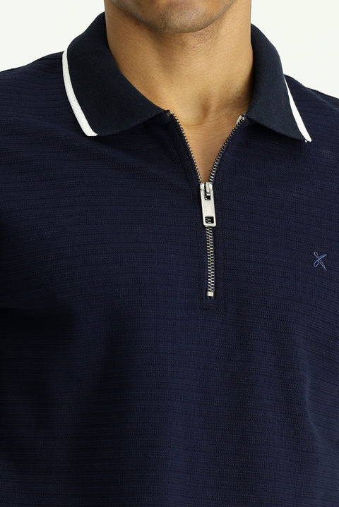 Koyu Lacivert Polo Yaka Regular Fit Fermuarlı Desenli Nakışlı Pamuk Tişört