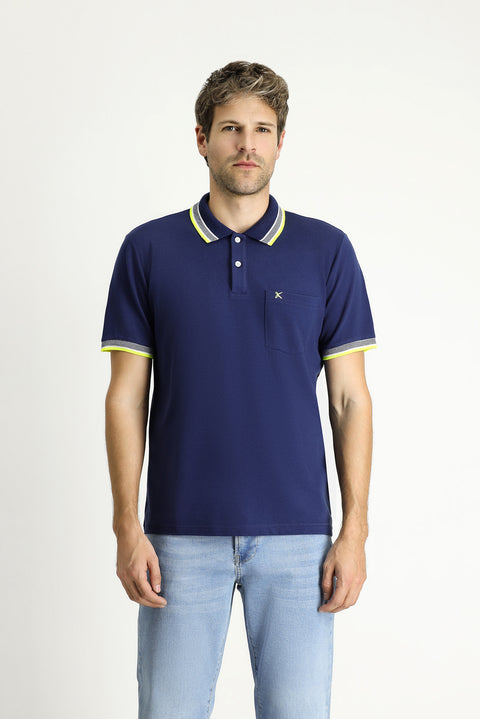 Orta Lacivert Polo Yaka Regular Fit Desenli Nakışlı Pamuk Tişört