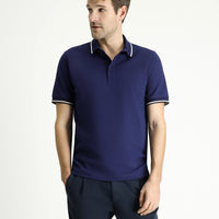 Orta Lacivert Polo Yaka Regular Fit Desenli Pamuklu Tişört