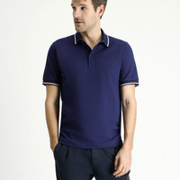 Orta Lacivert Polo Yaka Regular Fit Desenli Pamuklu Tişört