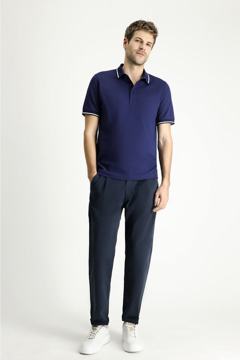 Orta Lacivert Polo Yaka Regular Fit Desenli Pamuklu Tişört