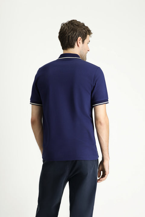 Orta Lacivert Polo Yaka Regular Fit Desenli Pamuklu Tişört