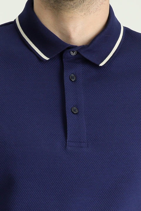 Orta Lacivert Polo Yaka Regular Fit Desenli Pamuklu Tişört
