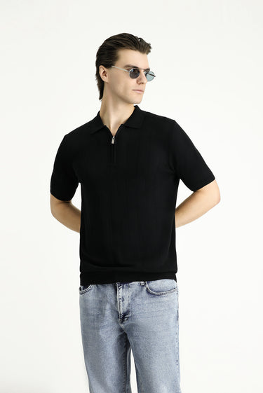 Siyah Polo Yaka Regular Fit Fermuarlı Desenli Pamuklu Tişört