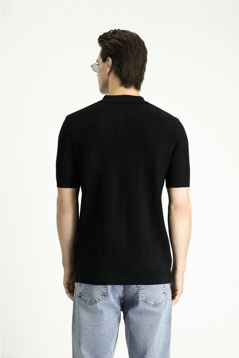 Siyah Polo Yaka Regular Fit Fermuarlı Desenli Pamuklu Tişört